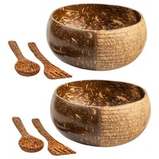[Set of 2] 900 ml each Jumbo Coconut Bowl with Spoon Fork Hand Carved Shell