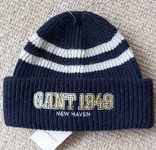 L/XL GANT Evening Blue 80% Wool Logo Beanie Hat Unisex New TAGS 991044