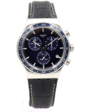 New Swiss Swatch New IRONY CHRONO COBALT LAGOON Leather Date Watch 44mm YVS496