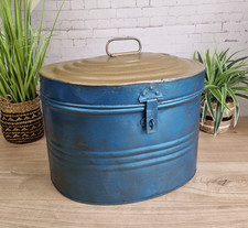 Vintage Antique Metal Hat Box Oval Storage Military Chest Painted Blue & Gold