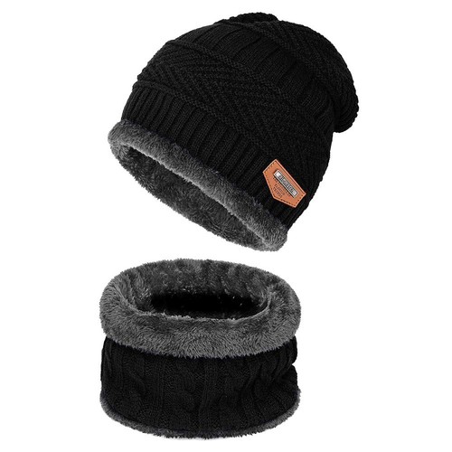 Black knit beanie hat scarf - black,
