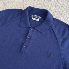 Fred Perry Long Sleeve Knit Polo Wool Blue Made In Italy Mod Mens - Size 46 (XL)
