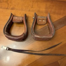 Vintage Western Leather Tapaderos / Covered Stirrups with Silvered Brass Conchos