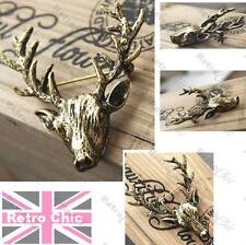 2"LARGE antique brass STAG vintage BROOCH pin BIG ANTLERS deer ELK head ANIMAL
