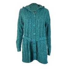 Womens Knitted Button Front Belted Hooded Cardigan Front Pockets S M L XL