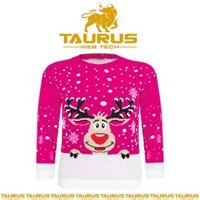 Unisex Kids Christmas PINK Reindeer Girls Boys Xmas Rudolph Jumper Top 3- 12 Yrs