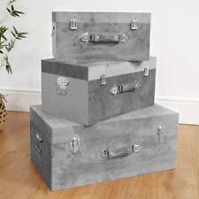 Beautify Storage Trunks, Set of 3 Grey Velvet Finish Wooden Storage Chests