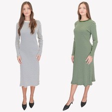 Womens M&S Striped Midi Skater Dress Green Ecru Cotton Blend Long Sleeve