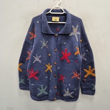 Pachamama Purple Wool Hand Knit Sea Starfish Print Jacket Cardigan Size Large