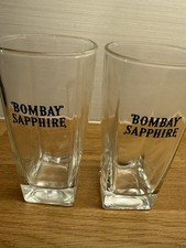 2x Bombay Sapphire Hi-Ball Glasses, Blue Writing Heavy Glass, Long-drink