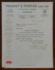1939 Penney & Porter, Welding Specialists, Riverside Works, Lincoln Letter
