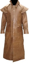 Mens Real Brown Leather Duster Riding Hunting Steampunk Trench Coat