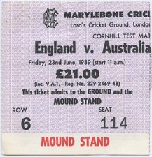 England v Australia Ashes Test Match Ticket Stub Lords 1989