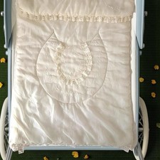 Vintage Cream Satin Pram Quilt 50cm x 64cm Terylene Lace 1960s VGC
