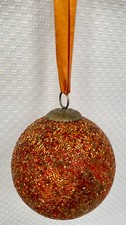 Vintage Beaded Christmas Bauble Amber Gold Seed Bead Kugel Style Large 12 cm USA