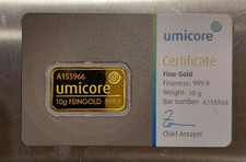 10g Gold Bar. Umicore investment grade fine gold 0.9999 Purity. 