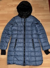 Steve Madden Women Medium Blue  Black Quilted Puffer Hooded Coat Faux Fur Lined