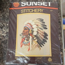 Vintage 1977 Sunset Stitchery USA Crewel Embroidery Kit #2220 "Indian Chief" 