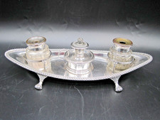 ANTIQUE  GEORGE III SILVER PLATED INKSTAND, INKWELLS, CANDLE HOLDER c. 1800