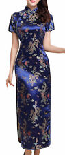 UK Stock Navy Blue Dragon & Phoenix Chinese Long Evening Party Dress Cheongsam 