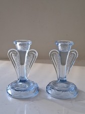 Bagley Blue Glass Candlestick Pair Rutland 3078 Art Nouveau Art Deco 5"