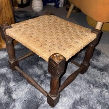 Lovely Small Vintage Woven Wicker  Wood Stool Wooden Footstool  Antique