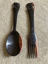 Hand Carved Wooden Salad Serving Utensils Spoon Fork with Elephants Handles 12"