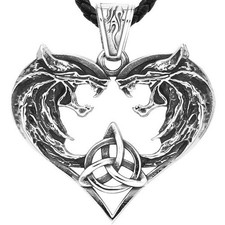 Viking Wolf Heart Necklace Stainless Steel Geri Freki Wolves Norse Pendant