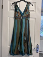 Karen Millen Teal Brown Green Beaded Silk Strappy Cocktail Evening Dress Size 10