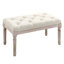 Beige Tufted Fabric End of Bed Bench Seat Vintage Ottoman Stool w/ Wood Legs