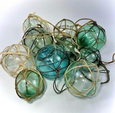 Japanese Glass Fishing Floats 2.5”-4” Blue Green Clear Rope Set of 10...