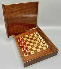 Antique Railway Travelling Chess Set Red & White Pegged Pieces Inlaid Slide Top