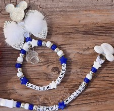 Set of 2 Personalised stunning mickey mouse dummy clip + Pram charm in blue boys
