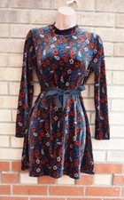 TOPSHOP PETITE DARK GREEN FLORAL VELVET LONG SLEEVE SKATER DRESS 10 S