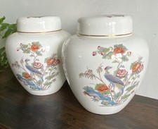 Pair Of Bone China Wedgwood Kutani Crane Ginger Jars With Lids. 14 cm x 13 cm.