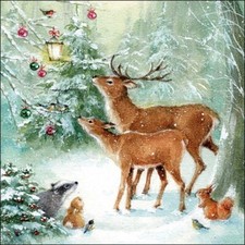 4xSingle Paper Napkins/3-Ply/33cm/Decoupage/Christmas/Forest Animals/Deer Family