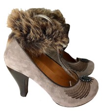 Chie Mihara Taupe Suede Fur Ankle Strap Shoe With Embellished Toe Size EU38 UK 5