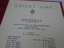 SS ORONSAY orient  line  1956     PASSENGER LIST  RABUL BARRIER REEF  BRISBANE
