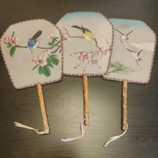 THREE ASIAN JAPANESE SILK EXQUISITE HAND PADDLE FANS WITH BAMBOO HAND PAINTED