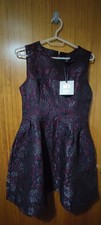 Party Skater Midi Dress Crew Neck QED London Pleated Burgundy Black Floral UK 10