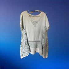 Made In Italy Sz 18 Light Blue Linen&Lace Lagenlook Tunic Top Short Sleeve 46”B