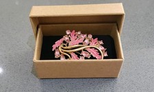 Vintage Pink And Gold Tone Leaf Brooch With Rhinestones And Pink Enamel. Floral.