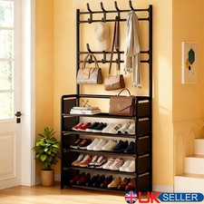 New Coat and Hat Stand 8 Hooks Metal Shoe Rack 5 Tiers Shelf Hanger Black Shelf