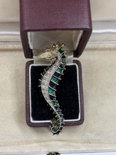 Vintage Gold Tone Seahorse Brooch with Clear Rhinestone Pave & Green Blue Enamel
