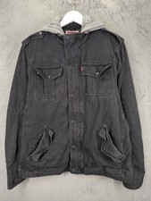 Levi's Denim Hooded Military Jacket Mens Large Sherpa Lined Workwear Black Zip 