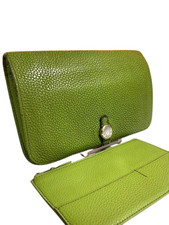 HERMES Dogon GM Duo Bifold Long Wallet Folding Green Leather Silver Authentic