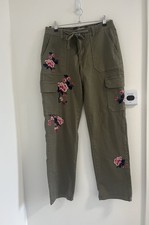 Joe Browns Trousers Womens Size UK 10 Khaki Green Floral Embroidered Cargo Denim