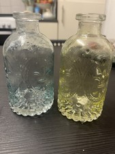 2 x Glass Bottles With Flowers / Floral Grid Design - Aqua Blue Turquoise 