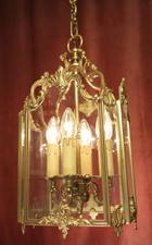 ANTIQUE BRASS LANTERN SOLID CEILING 4 LAMPs CHANDELIER CUT LEAD ROUND GLASS Ø 11