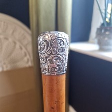 antique silver foliate collar malacca 1884 Walking cane stick Gentleman 